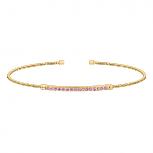 Gold Finish Sterling Silver Cable Cuff Bracelet with Simulated Pink Sapphire Birth Gems - October