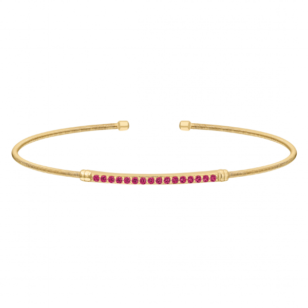 Gold Finish Sterling Silver Cable Cuff Bracelet with Simulated Ruby Birth Gems - July