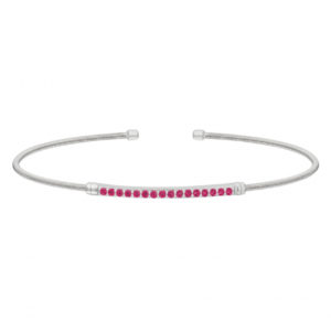 Rhodium Finish Sterling Silver Cable Cuff Bracelet with Simulated Ruby Birth Gems - July