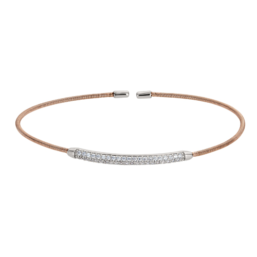 Rose Gold Finish Sterling Silver Single Cable Cuff Bracelet with Rhodium Finish Double Row Simulated Diamonds