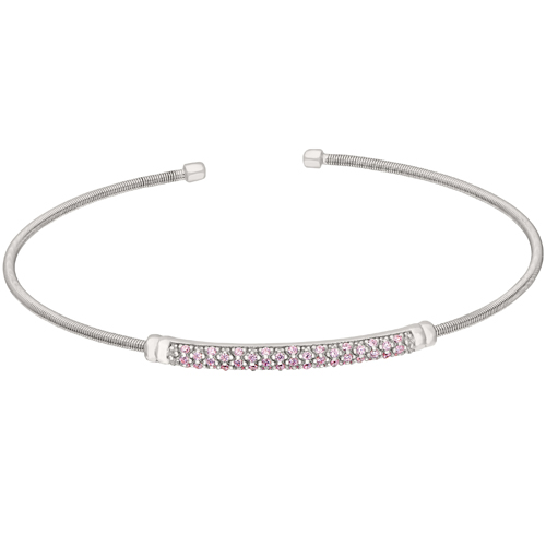 Rhodium Finish Sterling Silver Cable Cuff Bracelet with Three Rows of Simulated Pink Sapphire Birth Gems - October