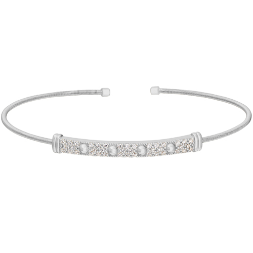 Rhodium Finish Sterling Silver Cable Cuff Bracelet with Four Beads & Simulated Diamonds