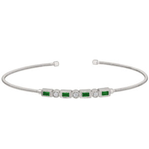 Rhodium Finish Sterling Silver Cable Cuff Bracelet with Simulated Emeralds and Simulated Diamonds