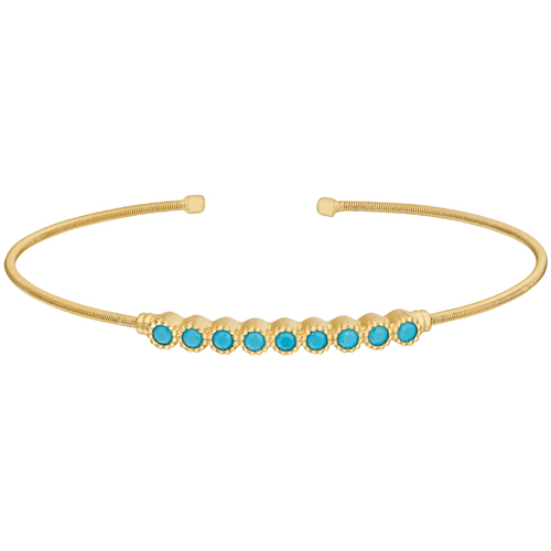 Gold Finish Sterling Silver Cable Cuff Bracelet with Beaded Bezel Set Simulated Turquoise