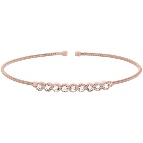 Rose Gold Finish Sterling Silver Cable Cuff Bracelet with Beaded Bezel Set Simulated Diamonds
